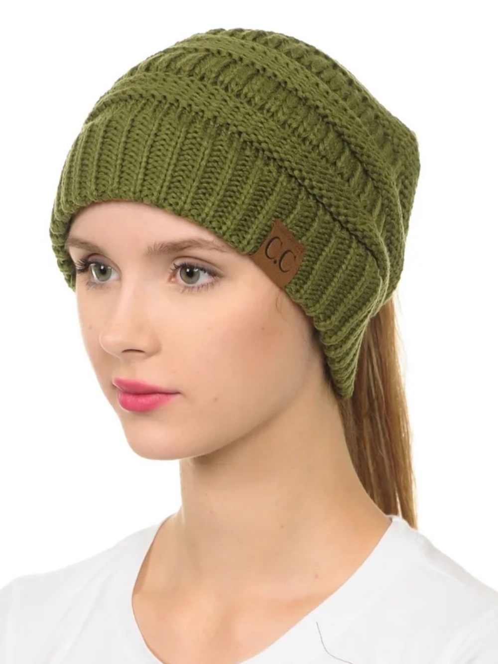 C.C. Ponytail Bun Beanie Olive Green